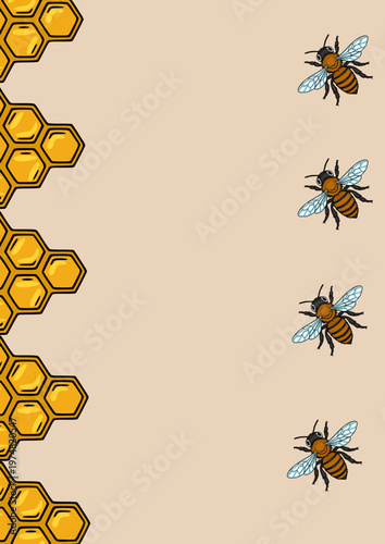 Whimsical vector illustration of a happy bee and honeycomb pattern border