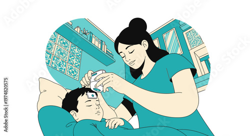 Caring mother checking child's temperature with thermometer, concerned about fever and illness, providing comfort and support at home