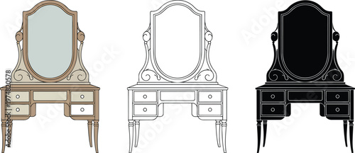 Dressing table silhouette & Outline and illustration set isolated on transparent background