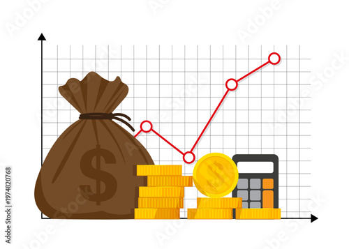 Financial Growth Chart with Money Bag and Coins Stock Illustration.