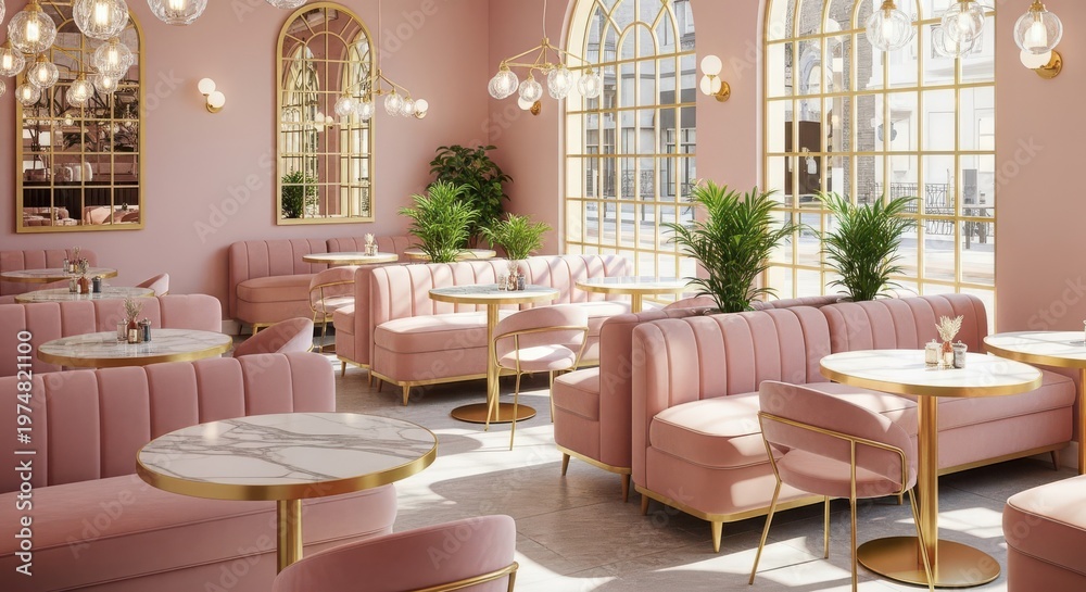 Obraz premium Modern cafe interior features plush pink velvet booths and elegant marble tables under soft golden lighting.