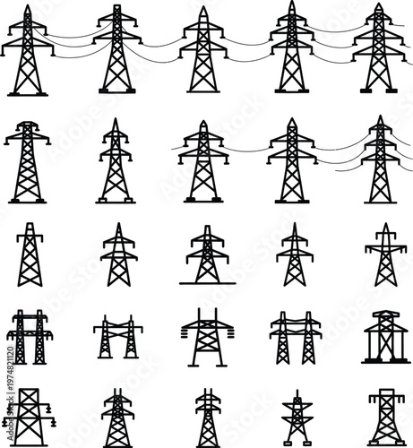 High voltage electricity pylon transmission tower icon collection with power line, utility pole