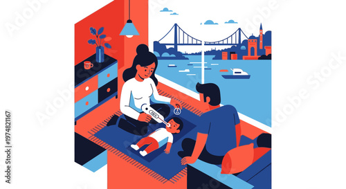 Modern parents feeding their baby with a bottle at home, overlooking a vibrant city skyline with a bridge and water, depicting family life and urban parenting.