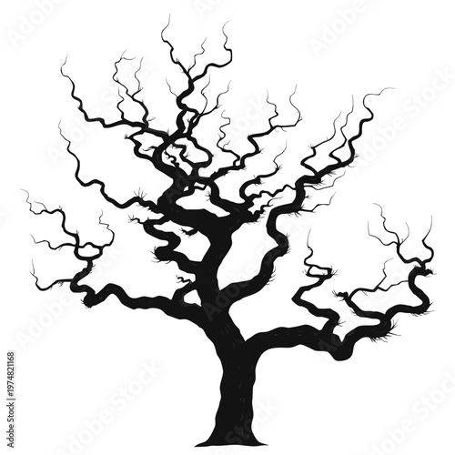 Spooky dead tree silhouette with twisted branches, black gnarled tree vector isolated on white, eerie leafless oak for Halloween design