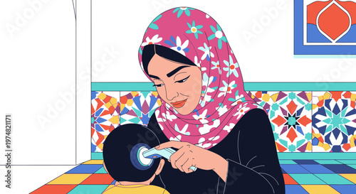 Muslim mother in hijab uses thermometer to check her child's temperature, caring for sick child at home