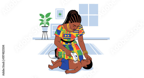 African American mother carefully shaves her baby's head at home, symbolizing a traditional or cultural ritual of new beginnings, purity, and care. Vector illustration.