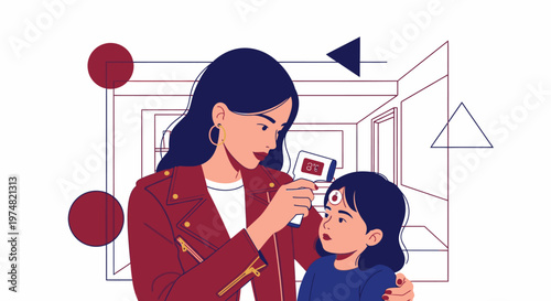 Mother checking child's temperature with infrared thermometer, health screening, illness prevention, and care concept illustration