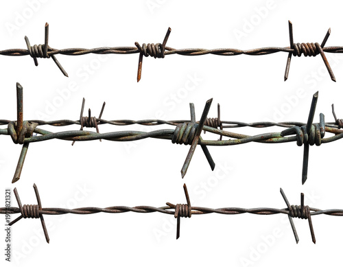 Close-up of three horizontal strands of rusty, spiked barbed wire