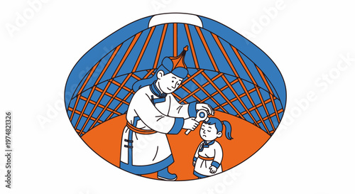 Mother combing daughter's hair inside a traditional Mongolian yurt, cultural scene illustration