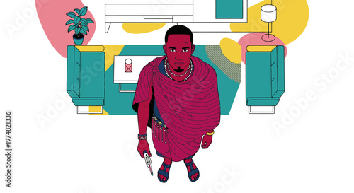 Masai warrior in traditional attire standing in a modern living room, holding a knife, top-down view