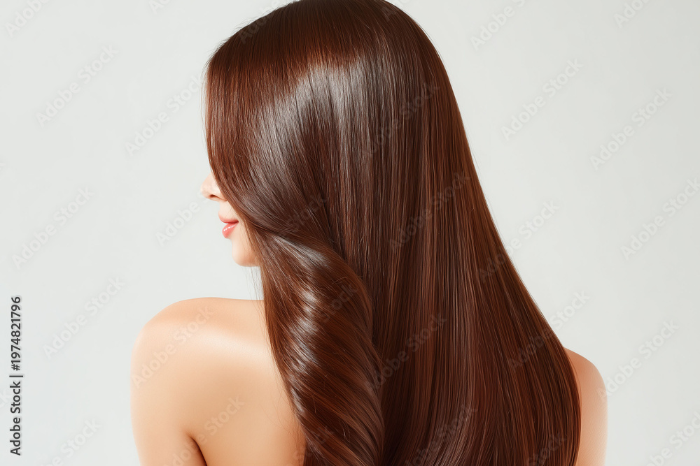 Naklejka premium シルクのような光沢を帯びたブラウンロングヘアの流れと美しいツイストで、補修感・まとまり・サロン級の仕上がりを訴求するヘアケア広告向けビジュアル