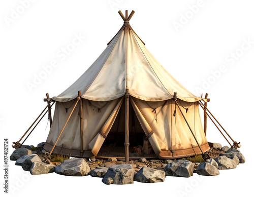 Cone-shaped canvas shelter, open entrance, supported by poles