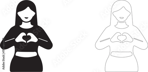 Woman with heart from hands. Vector icon in line art.