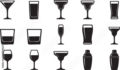 Collection of diverse drinkware silhouettes for alcoholic and non-alcoholic beverages, including elegant cocktail glasses and bar shakers