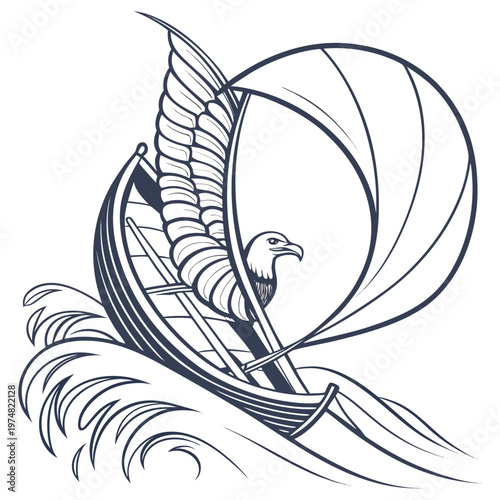An artistic depiction showcases a viking longship with a raised sail guided by an eagle sailing through stylized waves high quality professional