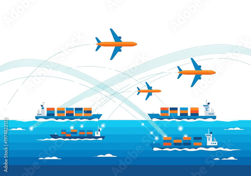 Container ships and cargo airplanes transporting.