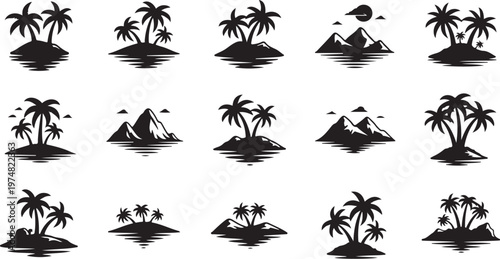 Black Silhouettes of Tropical Islands with Palm Trees and Mountains