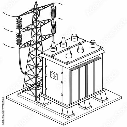 A detailed line drawing depicts a high voltage electrical substation with power lines insulators and transformers high quality professional modern elegant stylish