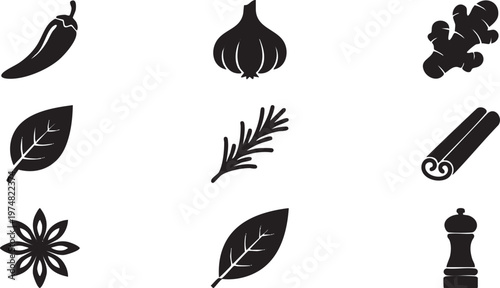 Collection of nine vector icons of various spices and herbs, including chili, garlic, ginger, leaves, and cinnamon