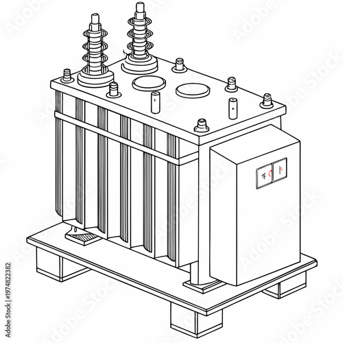 A detailed line drawing depicts a large electrical transformer showcasing its cylindrical core cooling fins and various connection points high quality professional