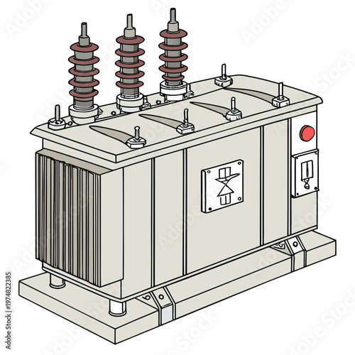 An illustrative depiction of a high voltage electrical transformer showcasing its insulated columns and metallic enclosure high quality professional detailed modern elegant