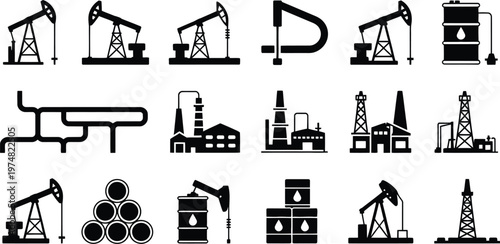 Oil industry icons petroleum production processing symbols drilling rigs refineries barrels energy sector flat vector illustration.