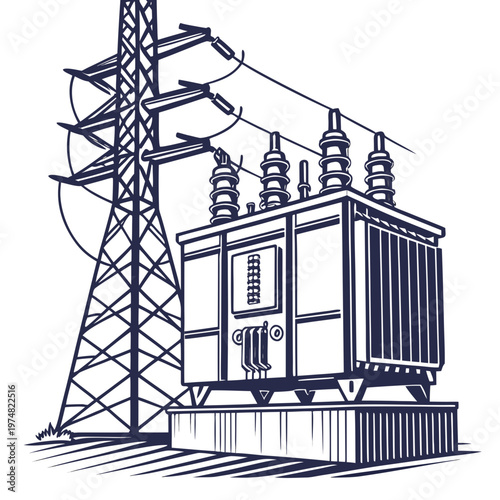 A detailed line art illustration depicts a high voltage electrical substation with towers and transformers showcasing power distribution infrastructure high quality professional