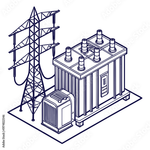 An isometric illustration depicts a high voltage power transmission tower and electrical substation components in a blueprint style high quality professional detailed