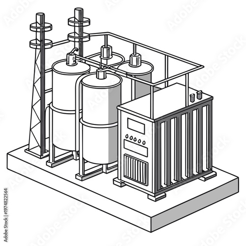 An isometric line drawing depicts an industrial facility with cylindrical tanks pipes and a control unit high quality professional detailed modern elegant