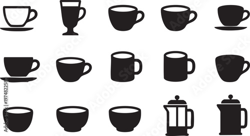 A comprehensive graphic collection of diverse coffee and tea cup icons, mugs, and beverage containers, ideal for cafe branding and drink-related designs