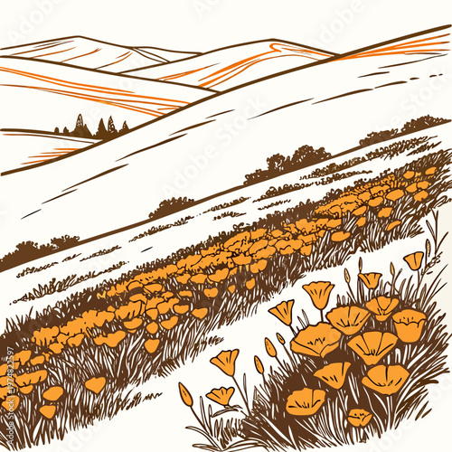 Fotografie A stylized illustration depicts rolling hills with a field of vibrant orange cal