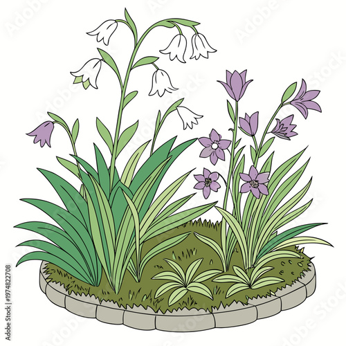 A charming illustration depicts a small flowerbed containing delicate white lily of the valley and vibrant purple lilac blooms high quality professional
