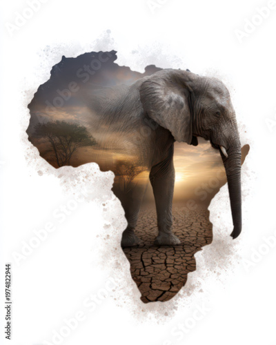 Africa continent in double exposure - climate awareness concept. Elephant silhouette blended with cracked dry earth and fading sunset, environmental crisis symbolism