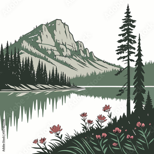 A serene landscape depicts a majestic mountain range reflecting in a calm lake surrounded by lush evergreen forests and wildflowers high quality