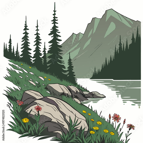A serene landscape illustration depicts a tranquil lake nestled among majestic mountains and lush evergreen forests high quality professional detailed modern elegant