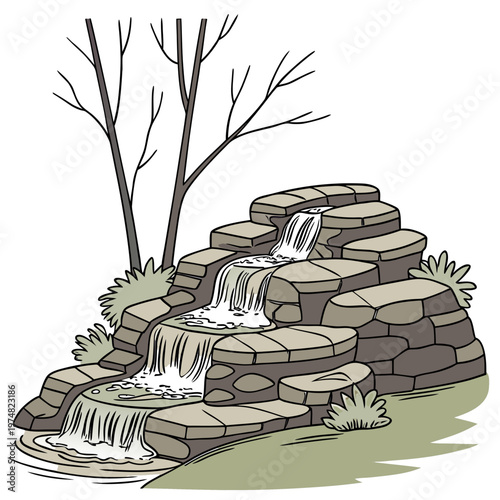 A stylized illustration depicts a cascading waterfall flowing over tiered stone steps framed by bare trees and greenery high quality professional detailed