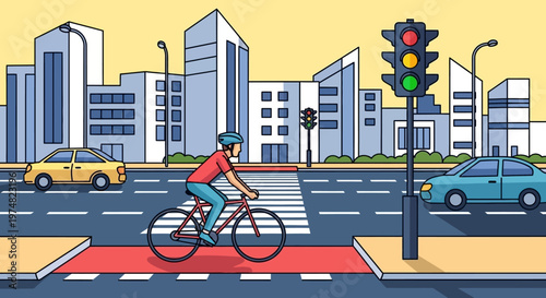 Cyclist Riding Bike in City Street.