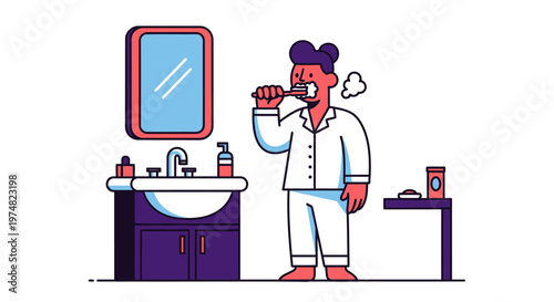 Man Brushing Teeth in Bathroom.