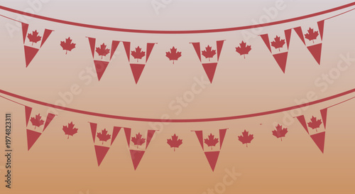 Canada Day Festive bunting banner string with red maple leaf flags on a warm gradient background for Canadian holiday event decoration