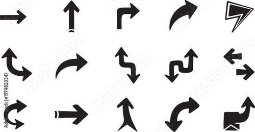 Collection of various black arrow icons on white background