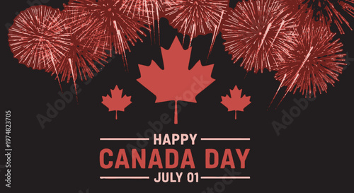 Canada Day Festive Canada Day vector illustration with vibrant red fireworks and maple leaf silhouettes on deep black background design