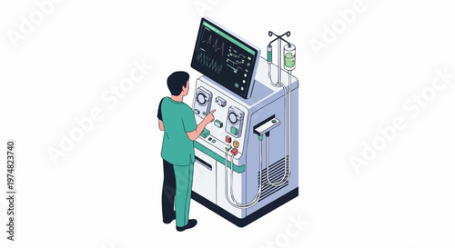 Isometric Medical Professional Operating Advanced Dialysis Machine with Heart Rate Monitor for Healthcare and Hospital Technology Concept