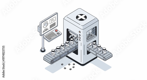 Isometric illustration of an automated pharmaceutical production line with medicine bottles on a conveyor belt and computer monitoring dashboard