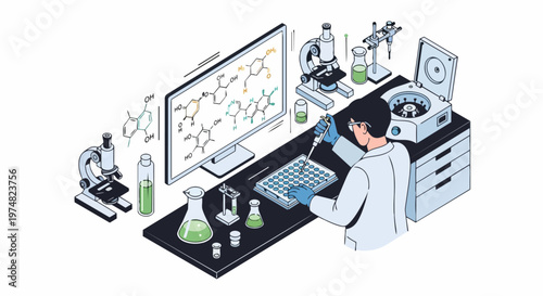 Isometric Scientist Working in Modern Laboratory with Microscope and Biotech Equipment