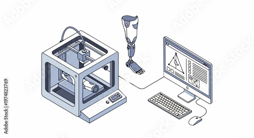 3D Printing Bionic Prosthetic Leg with CAD Software on Computer, Isometric Illustration of Medical Technology and Additive Manufacturing