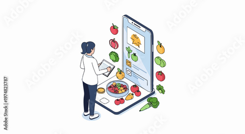 Nutritionist using Mobile App for Healthy Meal Planning and Diet Tracking Isometric Illustration - Digital Healthcare and Wellness Concept