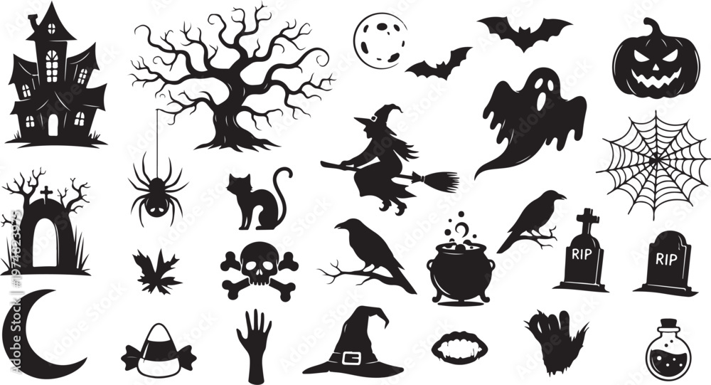 Fototapeta premium Halloween icons and symbols in black and white color