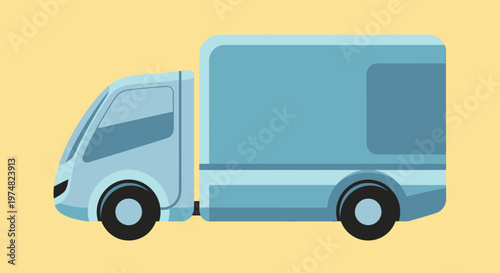 Light blue delivery truck with a cargo bed, designed for transportation and logistics, presented on a bright light yellow background, conveying efficient shipping and moving services.