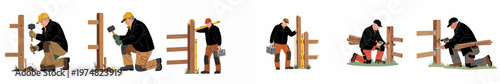 Set of illustrations showing a man in workwear building and repairing a wooden garden fence using various tools like hammer, level, and drill.