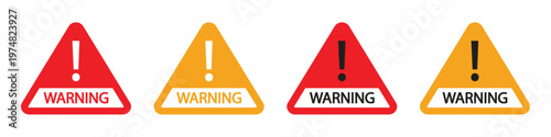 Warning Triangle Icons Set with Exclamation Mark, Red and Yellow Safety Signs, Transparent Background